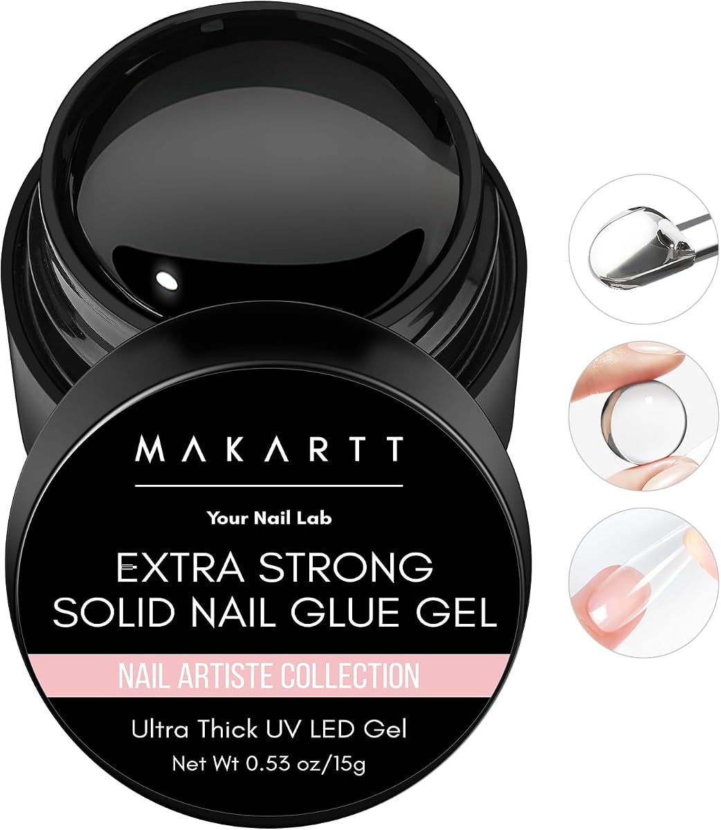 Solid Nail Glue Gel for Press-Ons, 15g Jar, No Mess, Lamp Required | Non-flowing beginner-friendly texture, adjustable fit before curing, for clear and light color nail tips, easy pick up uv gel