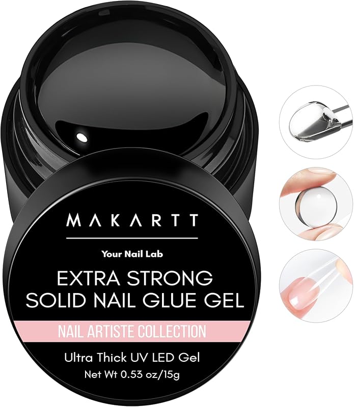 Solid Nail Glue Gel for Press-Ons, 15g Jar, No Mess, Lamp Required | Non-flowing beginner-friendly texture, adjustable fit before curing, for clear and light color nail tips, easy pick up uv gel