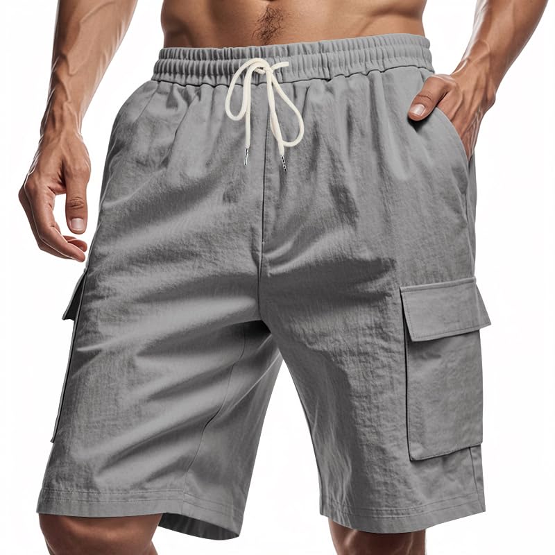 TAFLE Mens Linen Cargo Shorts Casual Elastic Waist Drawstring Summer Vacation Pants Multiple Pockets