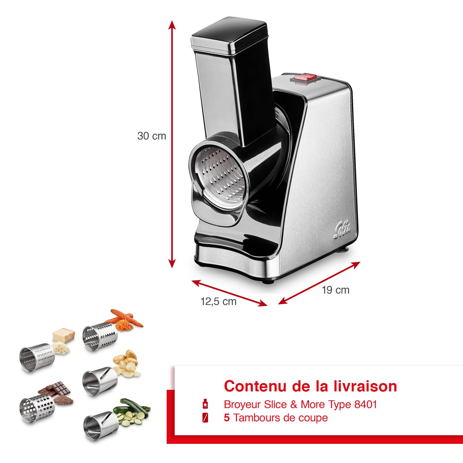 Solis Slice & More 8401 Coupe-légumes Électrique, Polyvalent, Trancheuse en Spirale, Râpe à Légumes avec 5 Tambours de Coupe, en Acier Inoxydable/Plastique, 350 W, Argenté/Noir
