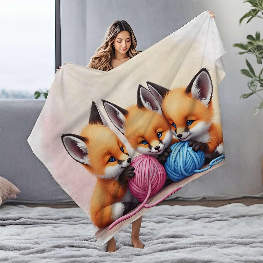 BDIS Fleece Blankets Three Cute Foxes Playing with Colorful Yarn Flannel Blanket Baby Blankets Large Throw Blanket(150x200cm)