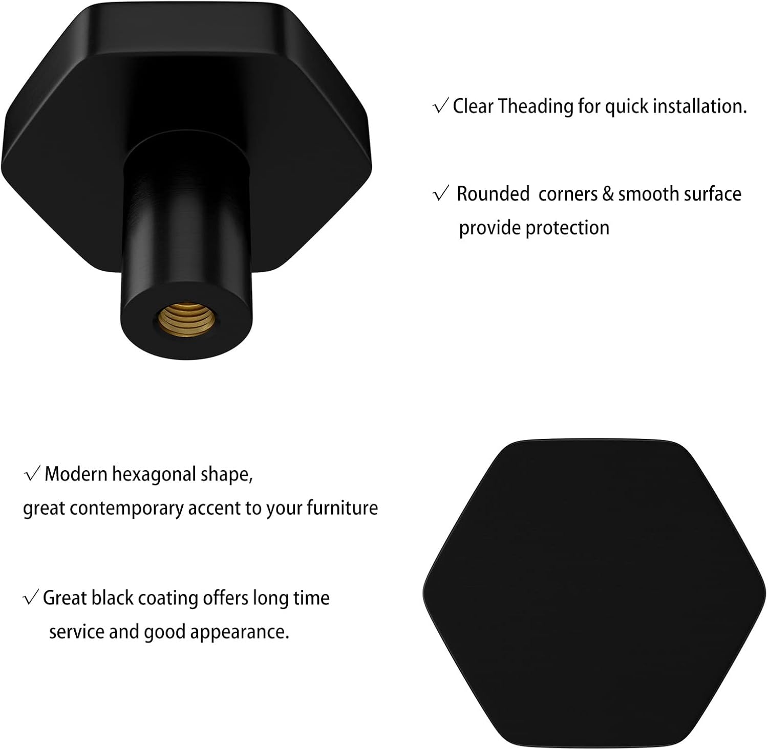 RZDEAL 1-1/10" Solid Brass Knobs Shoe Cabinets Knob and Pulls Matte Black Hexagon Handles for Dresser Drawer (8Pcs)