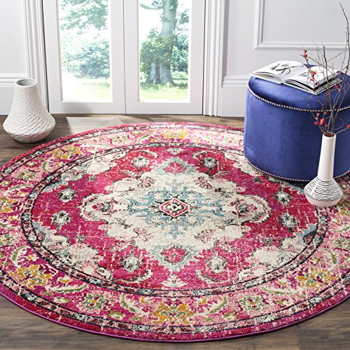 Safavieh Monaco Collection MNC243D Bohemian Chic Medallion Distressed Area Rug, 6' 7" Round, Pink/Multi