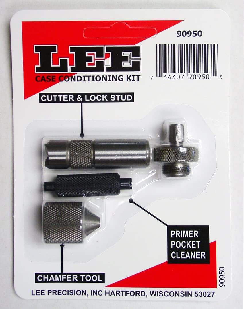 Lee Case Conditioning Kit packaging showing a cutter, lock stud, chamfer tool, and primer pocket cleaner