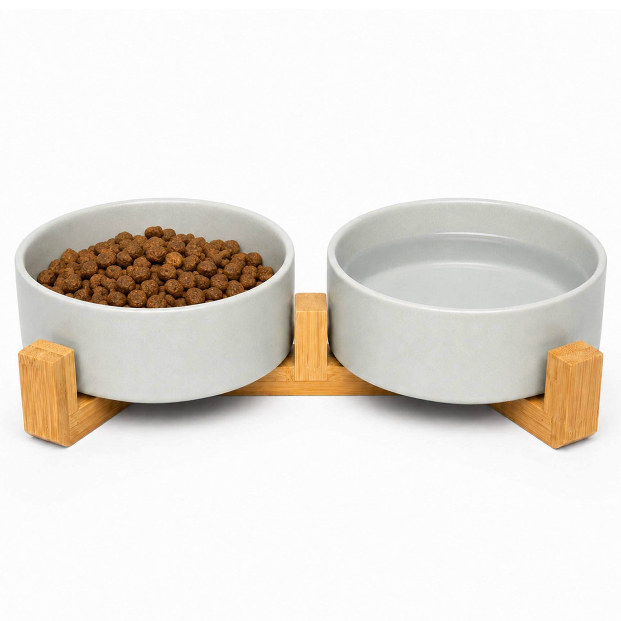 Casfuy Gamelle double antidérapante en céramique pour chien et chat avec support en bambou, 1,7 tasse