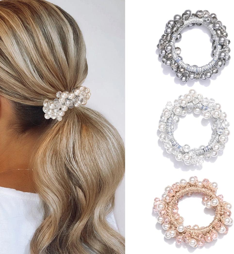 Runmi Hair Ties Pearl Hair Scrunchies 3 Pcs Crystal Elastic Hair Bands Hair Accessories for Women and Girls (B)