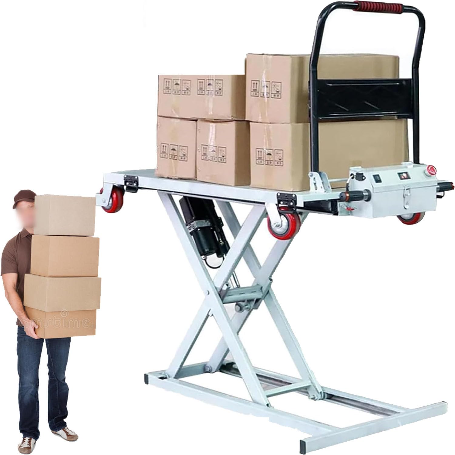 Carrello elevatore idraulico con 4 ruote, portata 300 kg, altezza regolabile 98 cm, tavolo mobile per un facile trasporto e un utilizzo versatile