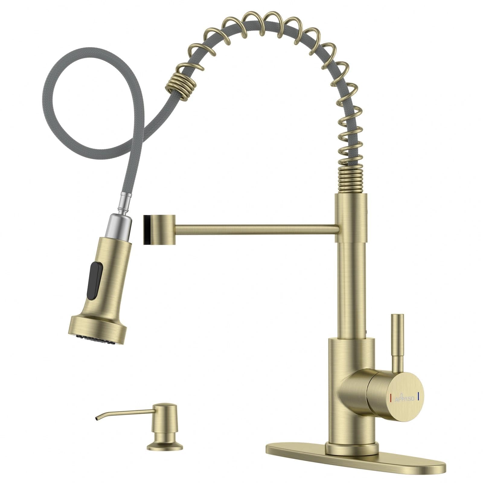 APPASO Grifo de cocina dorado, grifo de cocina dorado cepillado con pulverizador extraíble y dispensador de jabón, grifo de fregadero de cocina comercial, acero inoxidable dorado