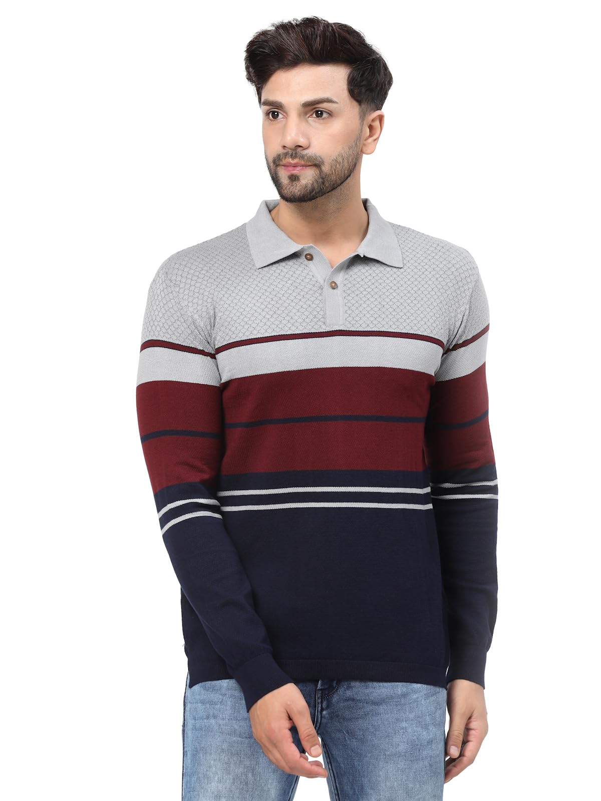 kalt Men Full Sleeve Multi Color self Design Striped Cotton Blend Polo t-Shirt with Collar Stylish-picture-37
