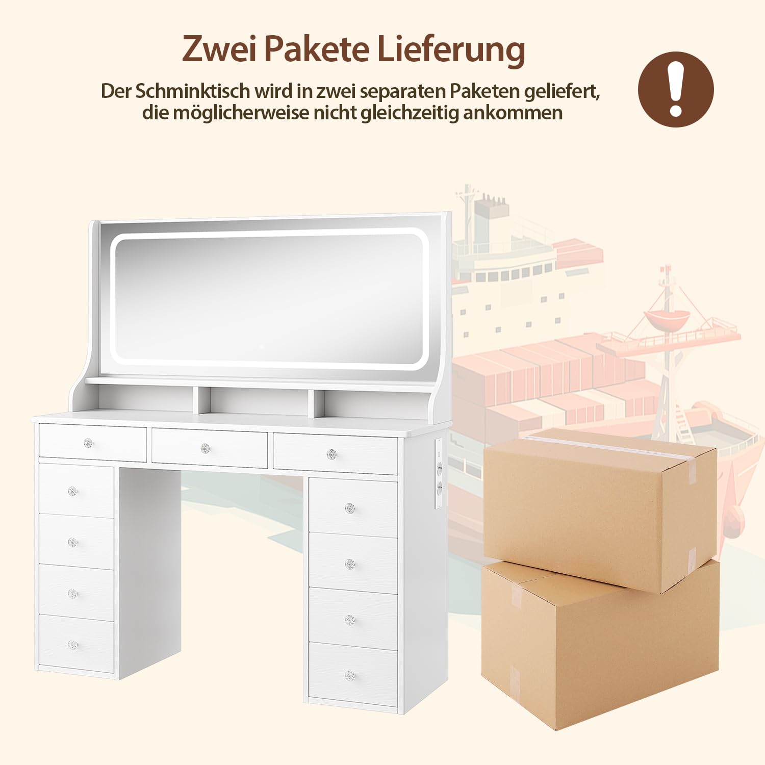 Dripex Coiffeuse avec éclairage, Coiffeuse Moderne avec 11 tiroirs, Grand Miroir LED de 110 cm et Prise électrique, luminosité réglable, pour Chambre à Coucher et Dressing, Blanc