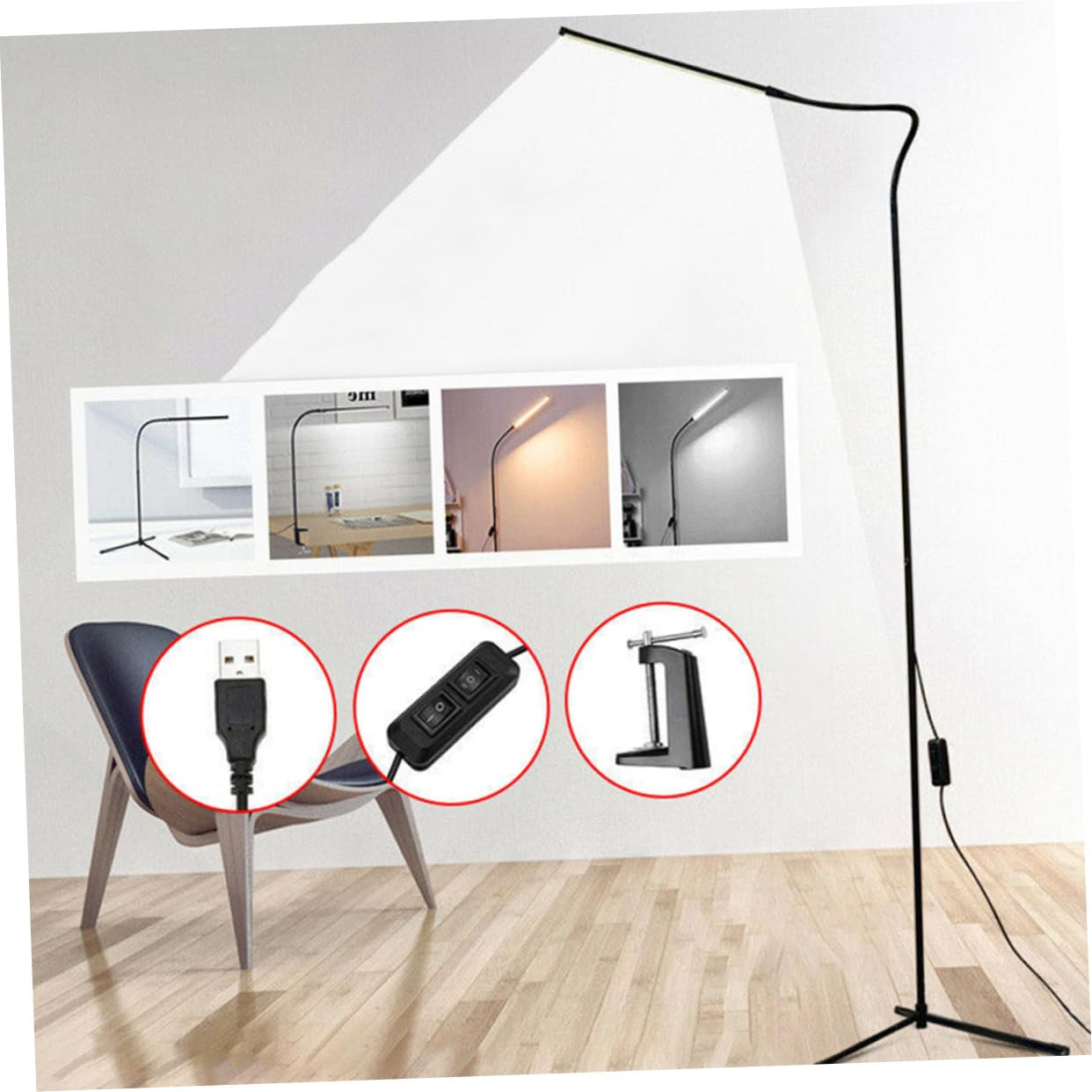 Lámpara de Lectura Regulable con Clip, Brazo Largo y Alimentación USB, de Aluminio E Hierro, Adecuado para Dormitorio o Mesita de Noche