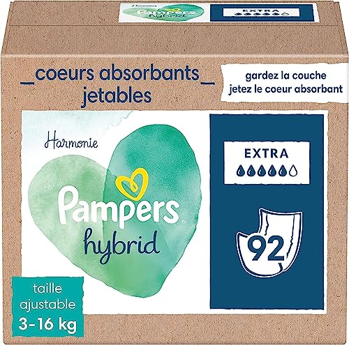 Pampers Harmonie Hybrid, 92 Cœurs de Protection Jetables, Absorption Extra, Pour Couche Lavable Hybrid, Protège la Peau Sensible des Bébés, Avec des...