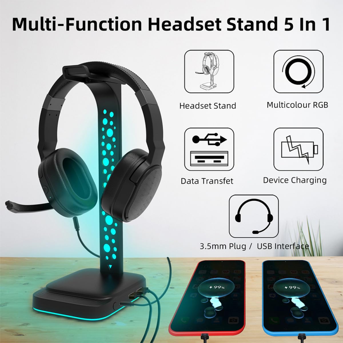 Cabilock Soporte Material Auriculares LED Escritorio para Luz Ajustable de y Concentrador USB Abs Negro Adecuado para Gaming PC y Oficina