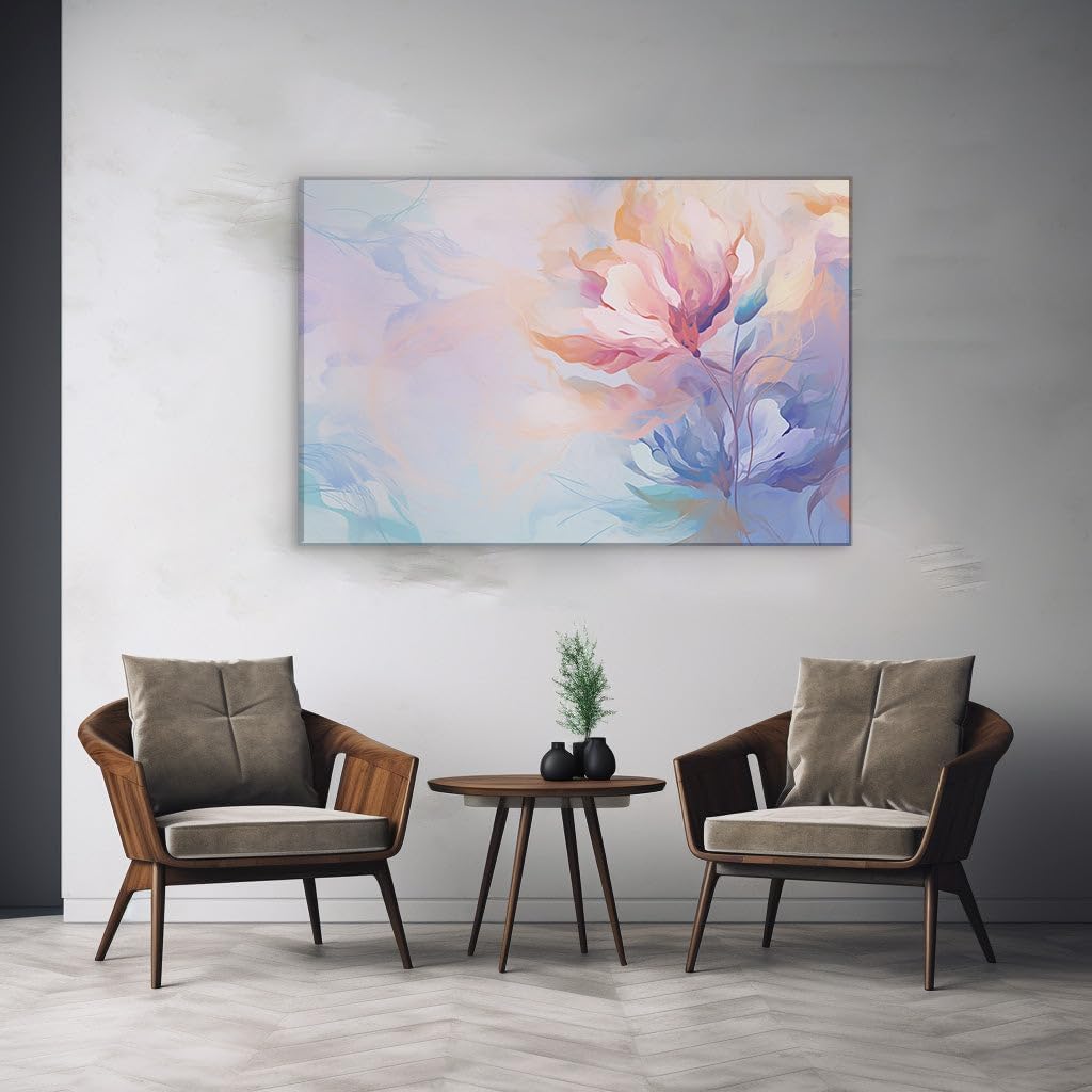 Canvas for Living room. Whispers of Bloom Abstracts in Motion - A Dreamy Fusion of Blue, Pink, and Florals, 27 x 18 inch Canvas Wall Art - Contemporary Masterpieces - Modern Home Decor