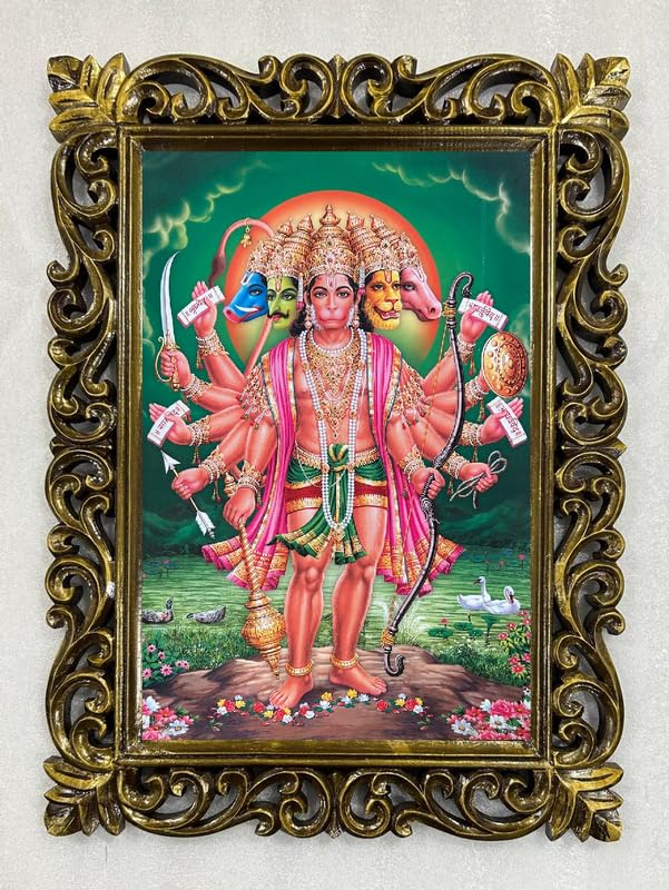 Hanuman Panchmukhi impression cadre bois sculpté décoration spirituelle