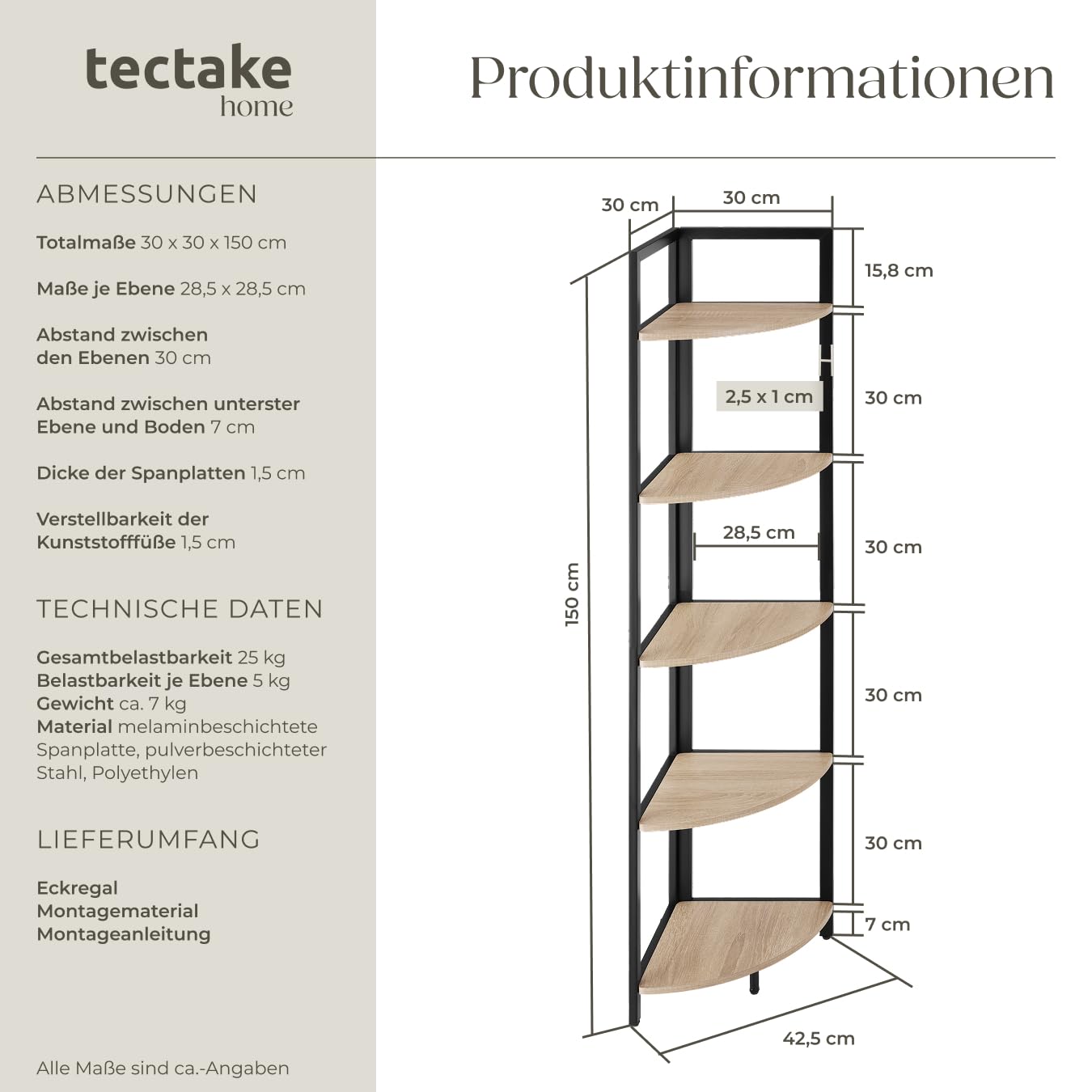 tectake® Eckregal stehend, Nischenregal mit 5 Ebenen, Wandregal Holz, Industrial Bücherregal, Eckschrank, Leiterregal, Zimmer Deko, 30 x 30 x 150 cm - Industrial Holz hell, Eiche Sonoma