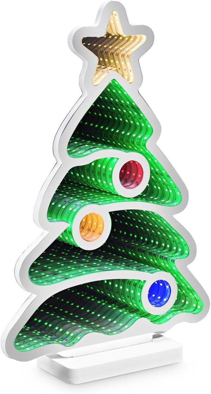 30550 - LED Infinity Mirror Christmas Tree, Approx. 13 x 5.5 x 22 cm, Decorative Lamp with 80 SMD LEDs and 3D Effect, Christmas Decoration for Indoor Use, Battery Operated