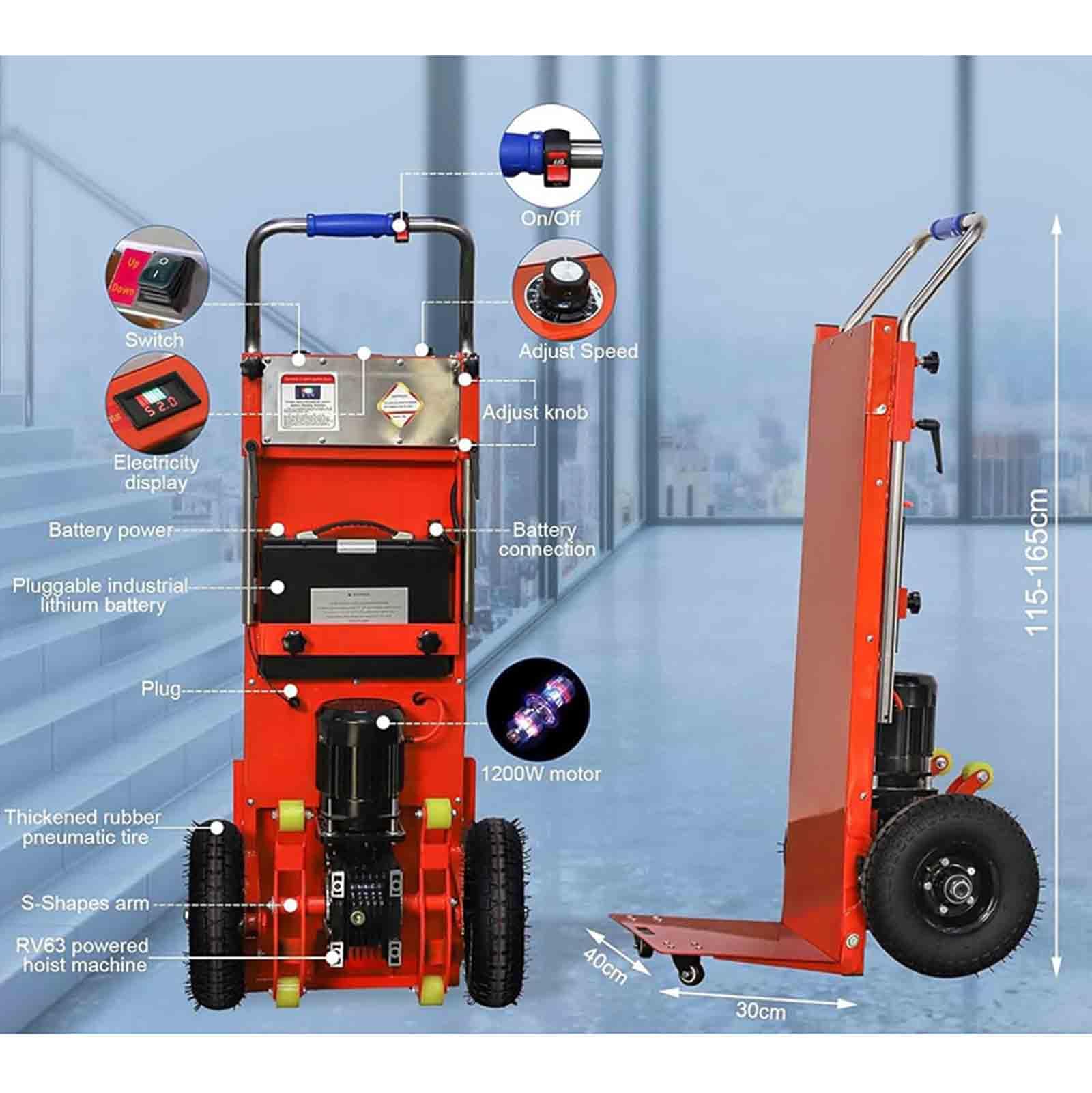 Carrello elettrico per salire le scale con manico telescopico, motore brushless da 1200 W, batteria rimovibile, capacità di carico 400 kg, carrello resistente per un facile trasporto delle scale