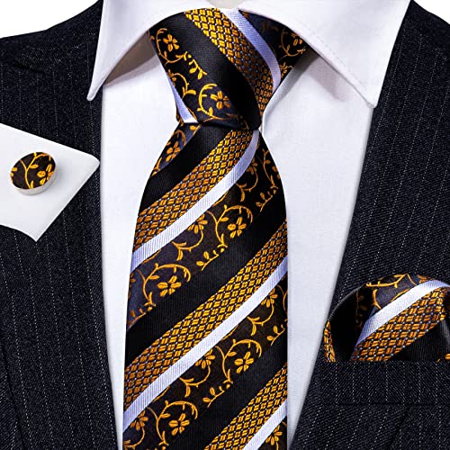 Image of Barry.Wang Man Stripe Ties Set Silk Woven Pocket Square Necktie Cufflinks Formal Party Business