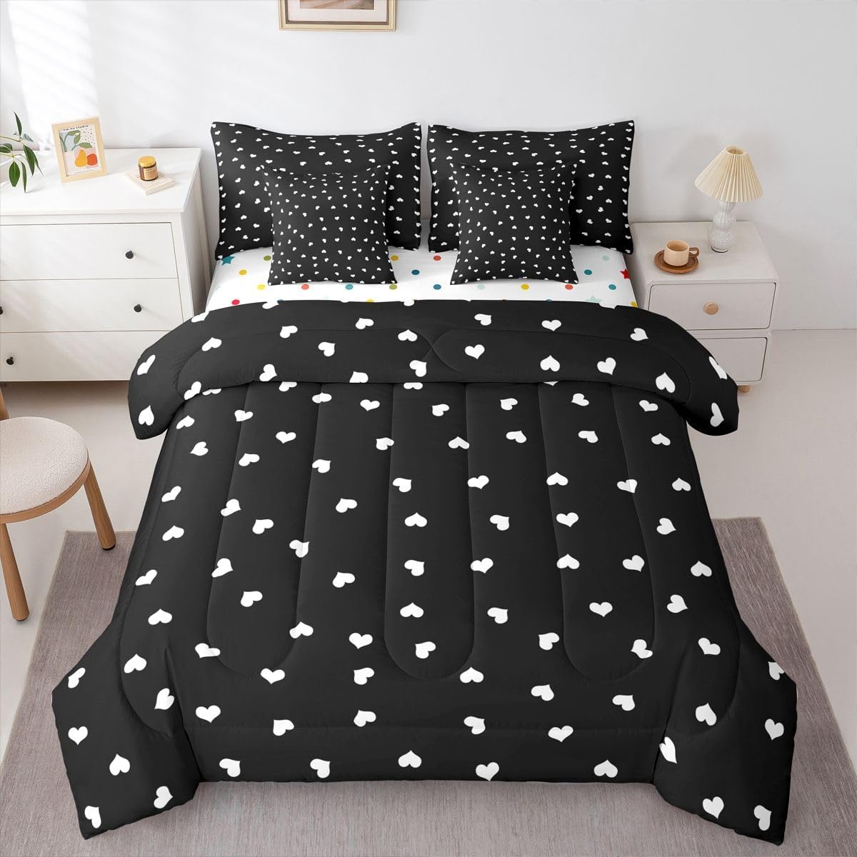 Manfei Polka Dots Twin Bedding Set 7 Pieces,Cartoon French Style Dots Black White Comforter Set with Sheets for Kids,Modern Geometric Circles Abstract Simple Art Bed Set in a Bag with Pillow Covers