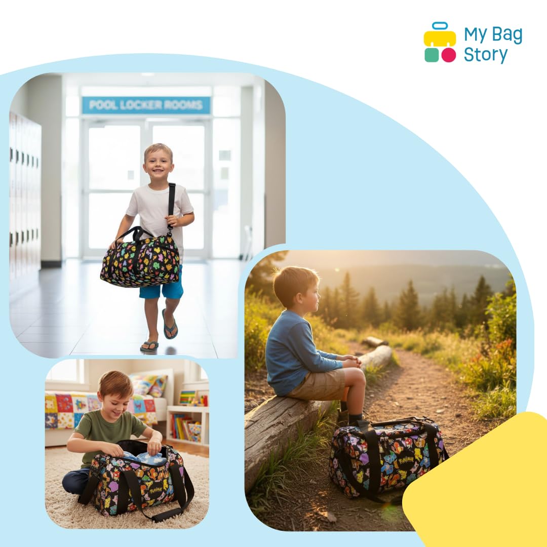 mybagstory | Sac de Sport Pokémon Enfant 43cm | Sac de Piscine et Foot pour Garçon | Bandoulière Réglable et Poche Gourde | Design Officiel Pikachu Noir et Jaune | Idée Cadeau Rentrée Scolaire