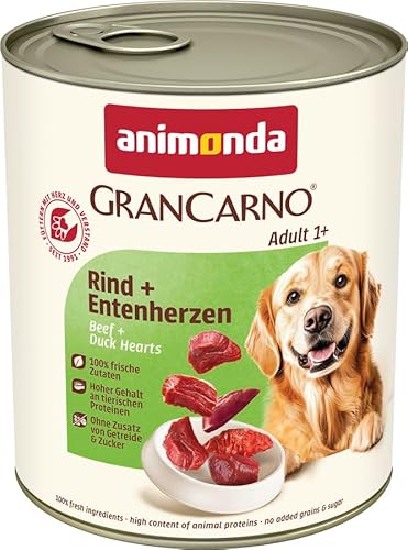animonda GranCarno Hunde Nassfutter mit Rind + Entenherzen (6 x 800 g), getreidefreies Hundenassfutter ohne Zucker, für ausgewachsene Hunde, mit frischen fleischigen Zutaten