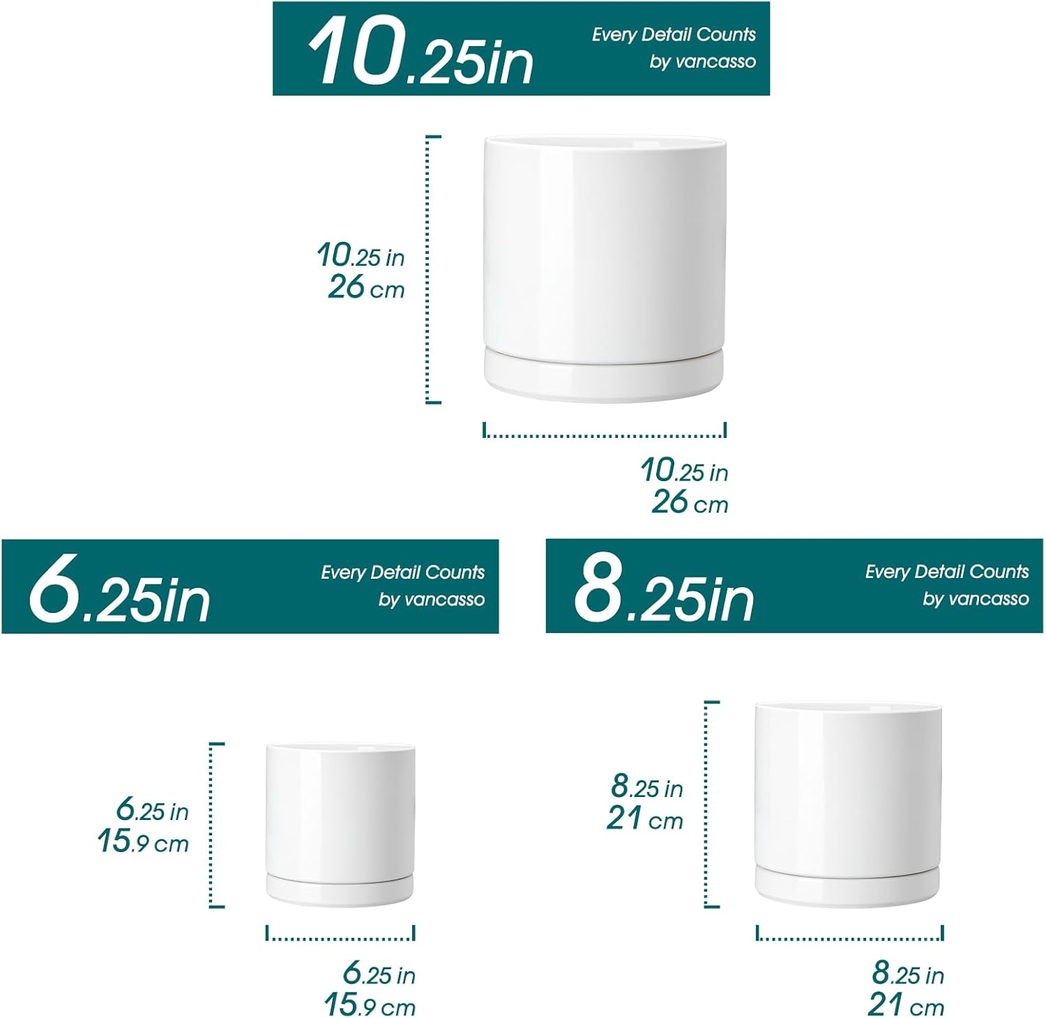 vancasso ceramic planters, plant pots for indoor plants, 6.25+8.25+10.25 inch ceramic pots for plants, flower pots with drainage holes, planters pot for indoor house plant, set of 3, white white 6.25 + 8.25 + 10.25 inch