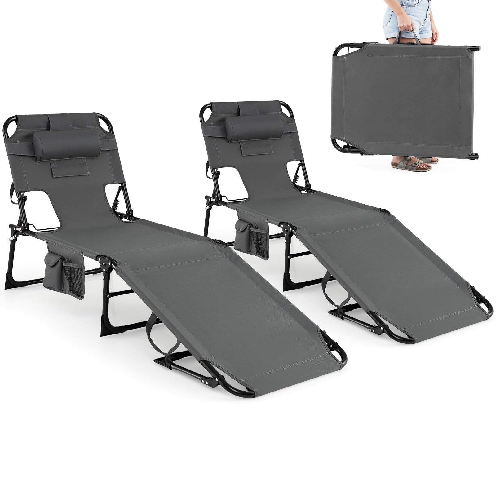 GYMAX Tanning Chair with Face Hole, Sun Bathing Lounge Chairs for Outside with Side Pocket, Folding Portable Face Down Layout Tanning Chair Beach, Backyard, Poolside, Lawn (Grey,1) - 1