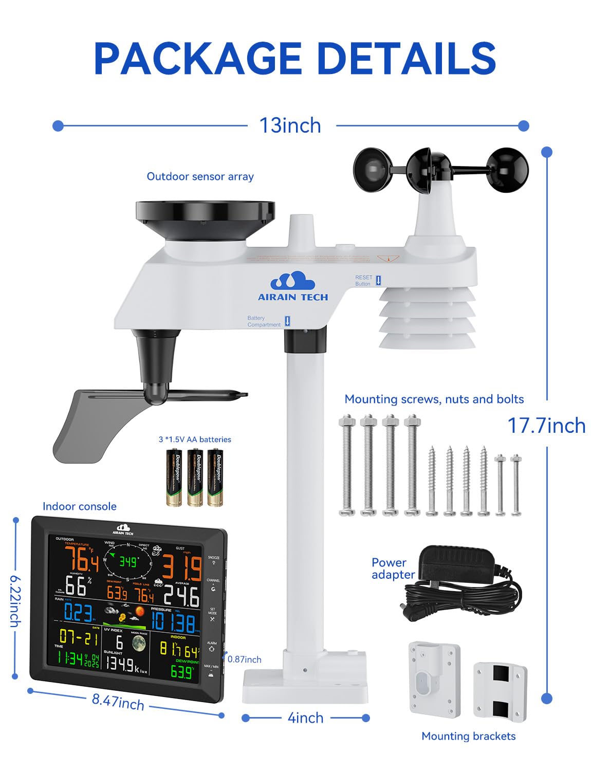 Stazione meteo wireless 14 in 1 con sensore wireless esterno, orologio radiocomandato, pluviometro, velocità/direzione del vento, fasi lunari, indice di raffreddamento del vento, punto di