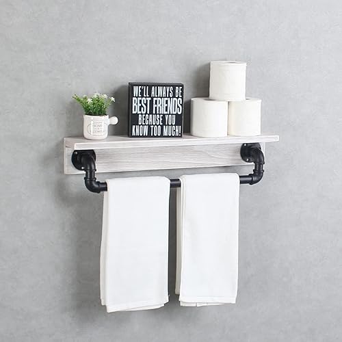 Miniatura 4 de MBQQ Estante de tubo industrial, estante de pared rústico con toallero, toalleros de granja de 24 pulgadas para baño, estantes flotantes montados en