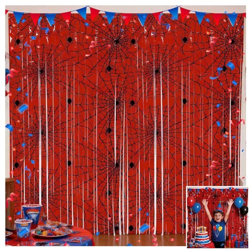 BTRYRUIK Red Spider Web Tinsel Foil Fringe Curtains 2 Pack 3.3x6.6ft Plastic Photography Background Backdrop Streamers for Halloween Party Decorations Door Wall Photo Booth Birthday Supplies