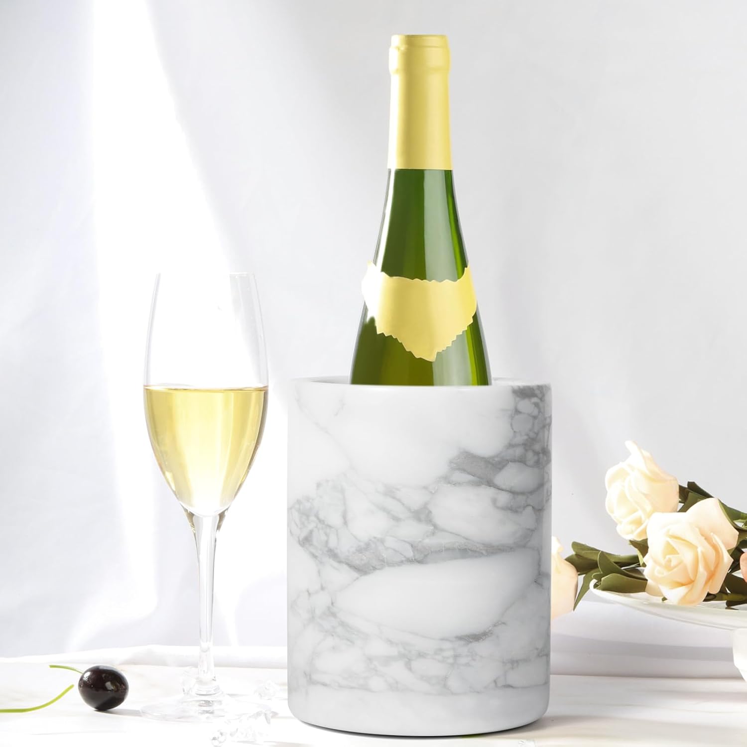 Natural White Marble Wine Chiller Bucket - Handcrafted Cylinder Cooler for 750ml Champagne & Wine Bottles, Ice Bath Container for Dinner Parties, Yachts, Luxury Gifts