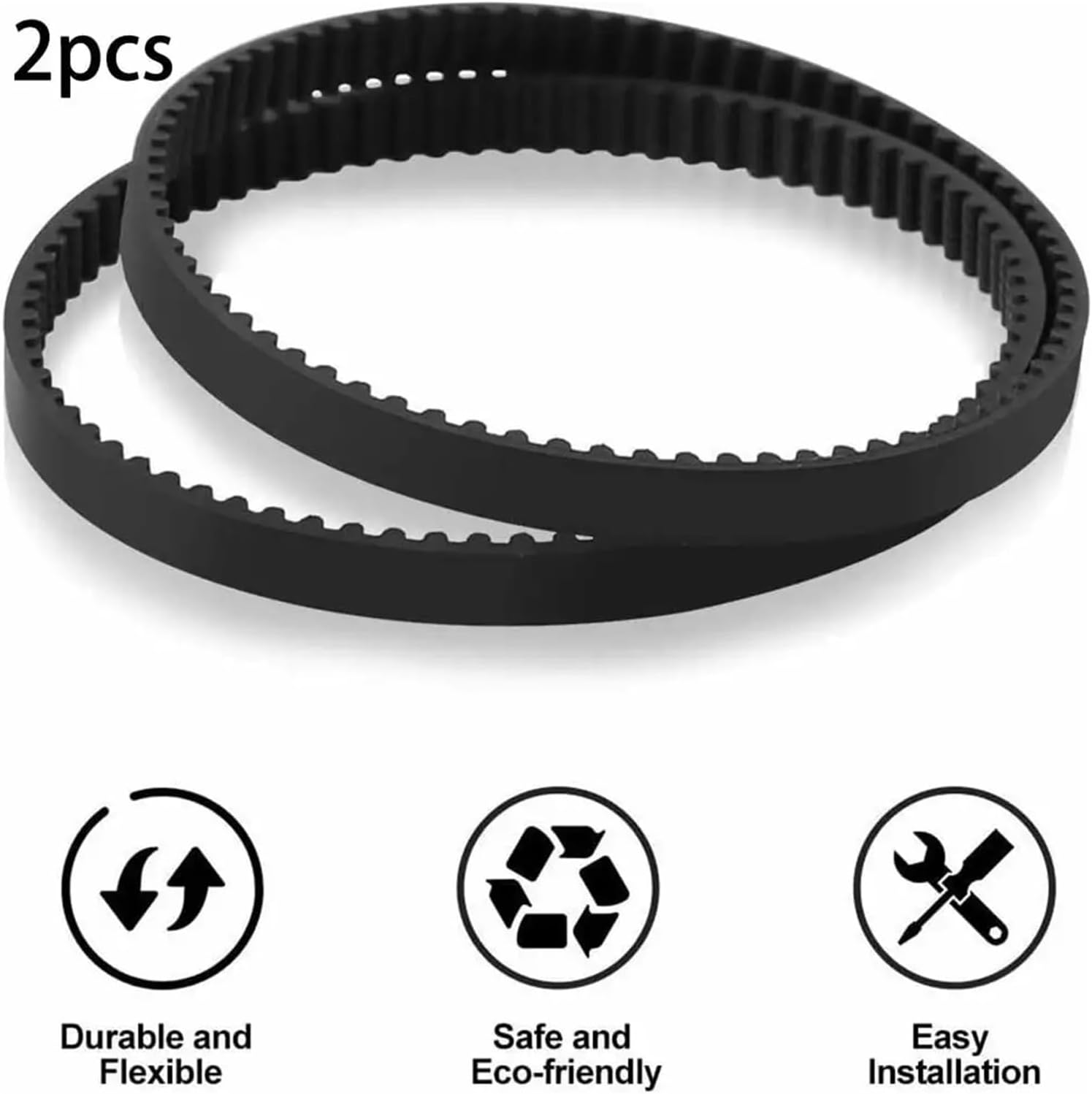Two black vacuum belts with icons for Durable and Flexible, Safe and Eco-friendly, and Easy Installation.