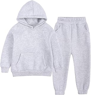 2 Pcs Youth Brushed Fleece Tracksuit Kids Solid Color Hooded Sweatsuit Thick Cotton Pullover Sweatshirt + Pants Outfits Set