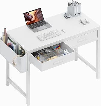 Dlisiting White Small Desk with Drawers - 32 Inch Vanity Desk with Fabric Storage Drawer and Bag for Bedroom, Study Writing Table for Small Spaces, White
