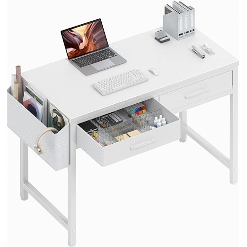 DLisiting 32 Inch Small White Desk with 2 Drawers, Study Writing Computer Desk with Storage Drawer for Bedroom Home Office, Vanity Table Without Mirror for Girls Small Spaces