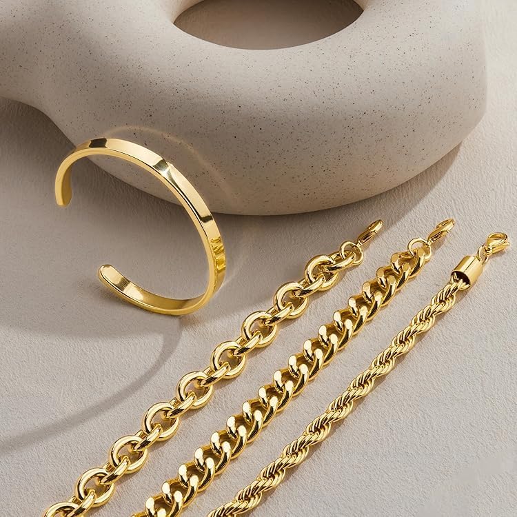 Gokeey Chunky Gold Bracelets Stack for Women Non Tarnish, Waterproof 14K Gold Plated Bangle Cuff Bracelets Set for Women Trendy Thick Layered Cuban Link Chain Paperclip Rope Stackable Bracelet for Jewelry Gifts - Image 7