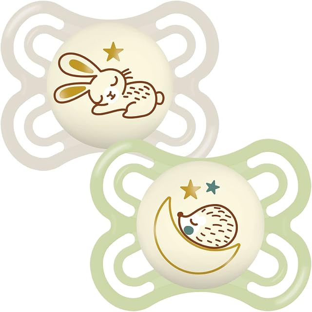 MAM Perfect Night Soothers 0+ Months (Pack of 2), Thinner and Softer Baby Soothers with Self Sterilising Travel Case, Newborn Essentials, White/Green (Designs May Vary)