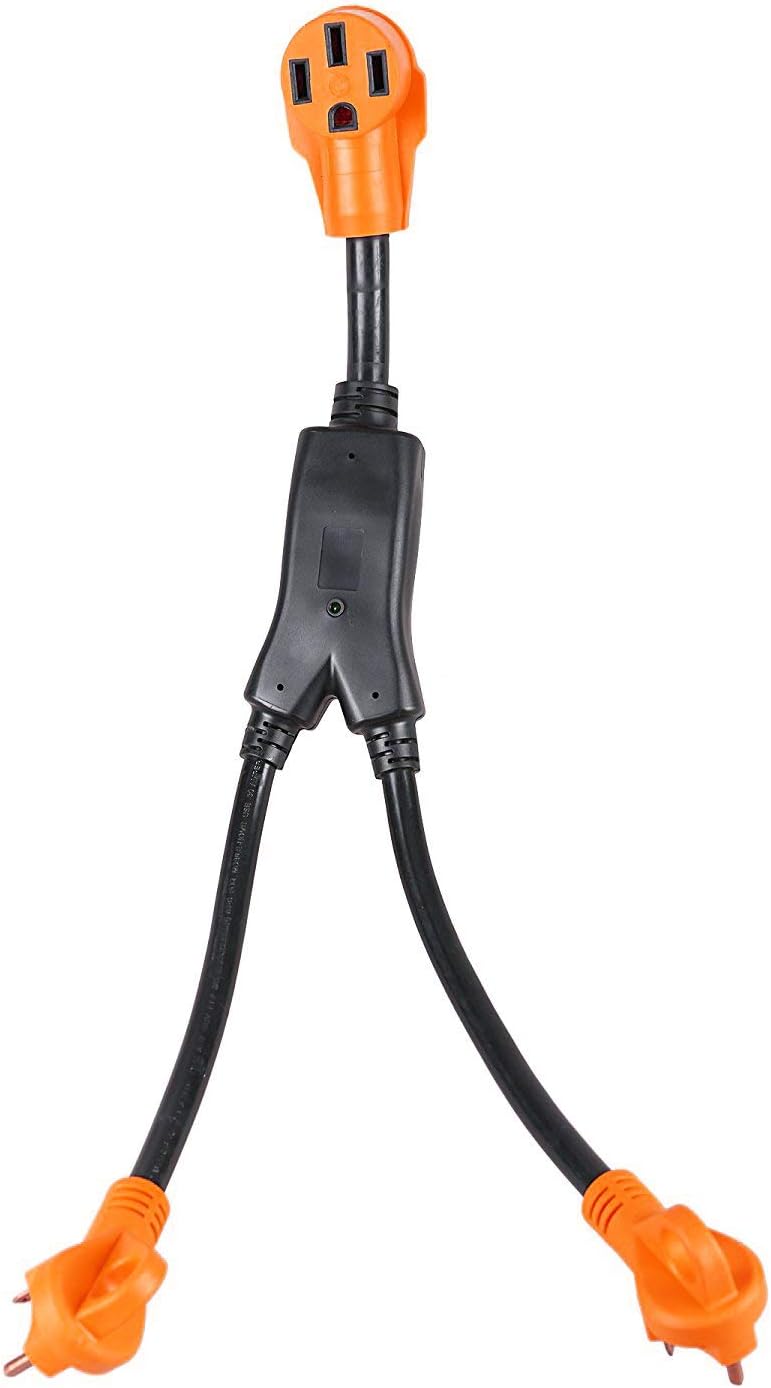 EPICORD rv Y Adapter Cord (2) 30 Amp Male Plug to 50 Amp RV Female Connector Adapter with Handles and Light,2.5FT,10/3