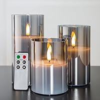Vista 1 de Eywamage Juego de 3 velas LED sin llama de cristal gris ahumado con control remoto, parpadeantes que funcionan