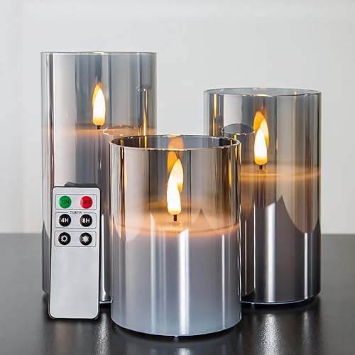Eywamage Smoke Grey Glass Flameless Pillar Candles with Remote, Flickering