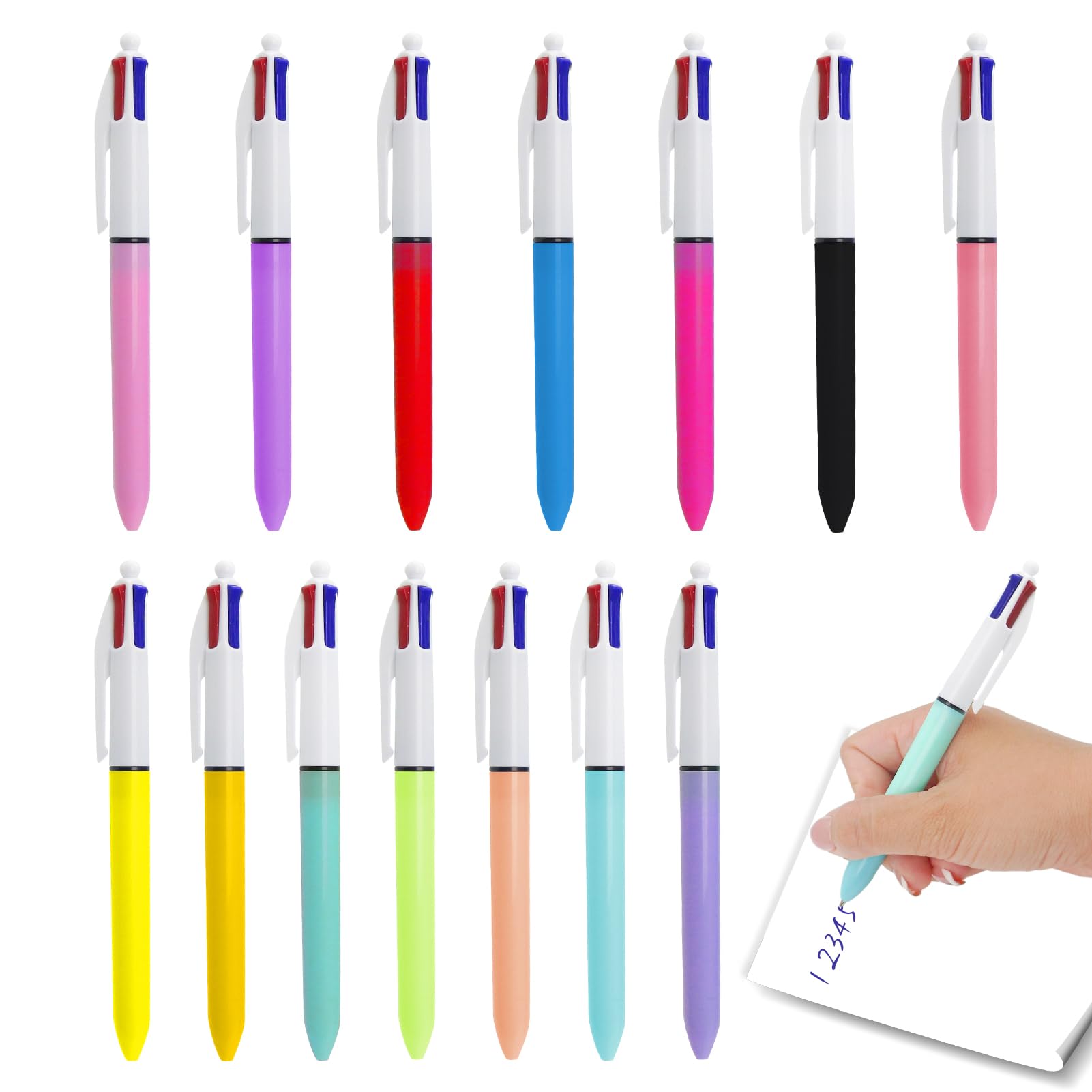 Gripiti 4 Colour Pens Multicolour All in One 14 Pack, 4 in 1 Retractable Plastic Multicoloured Pen Medium 1.0 mm Ink Press Ballpoint Pen for Office School Supplies Students Children (14 Colors Shell)