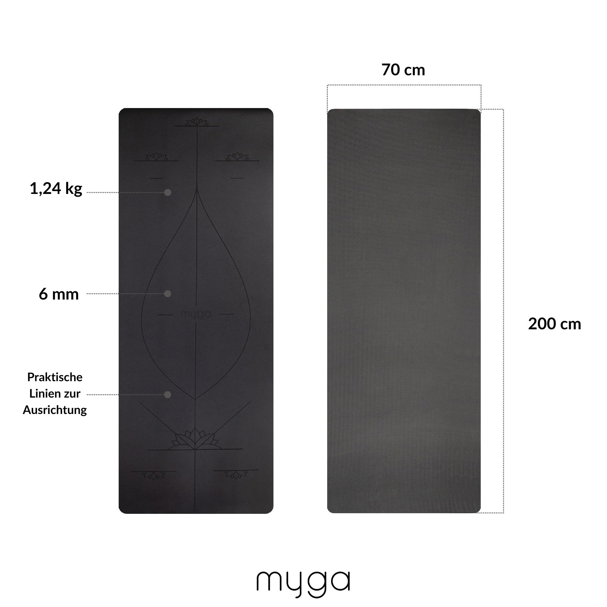 Myga Große Ausrichtungs-Yogamatte mit Körperausrichtungslinien, umweltfreundliche, rutschfeste Yogamatte, hochdichte PU-Polsterung (205cm x 70cm x 6mm)