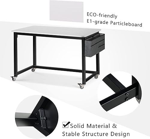Miniatura 4 de AHB Escritorio de computadora con ruedas de 47 pulgadas con 4 ruedas lisas, escritorio móvil de estilo simple, mesa de estudio para oficina en casa,