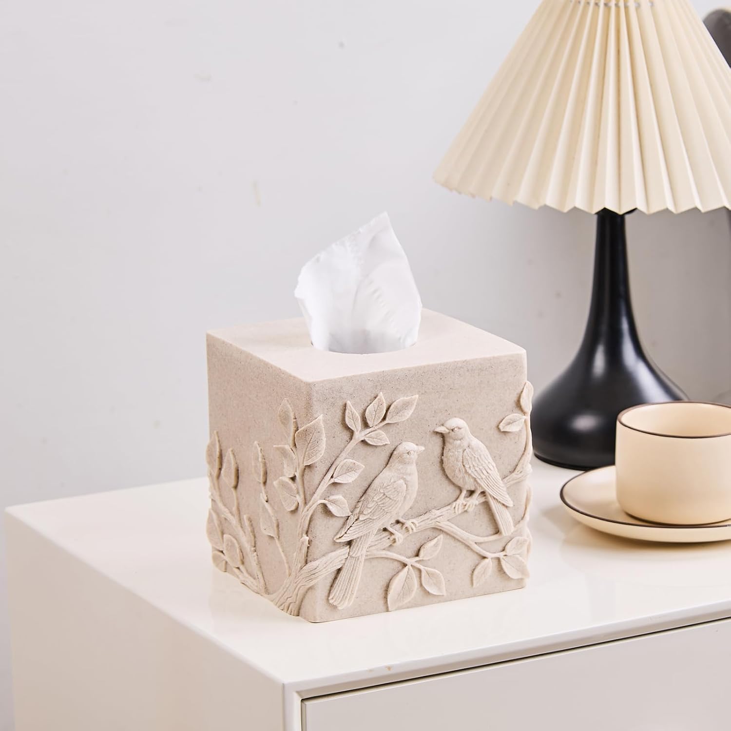 Beige Sandstone Relief Birds Square Tissue Box Cover Decorative,Resin Heavy Sturdy Tissue Box Holder, Facial Paper Holder for Bathroom Vanity Countertop, Bedroom Night Stand,Office and End Table