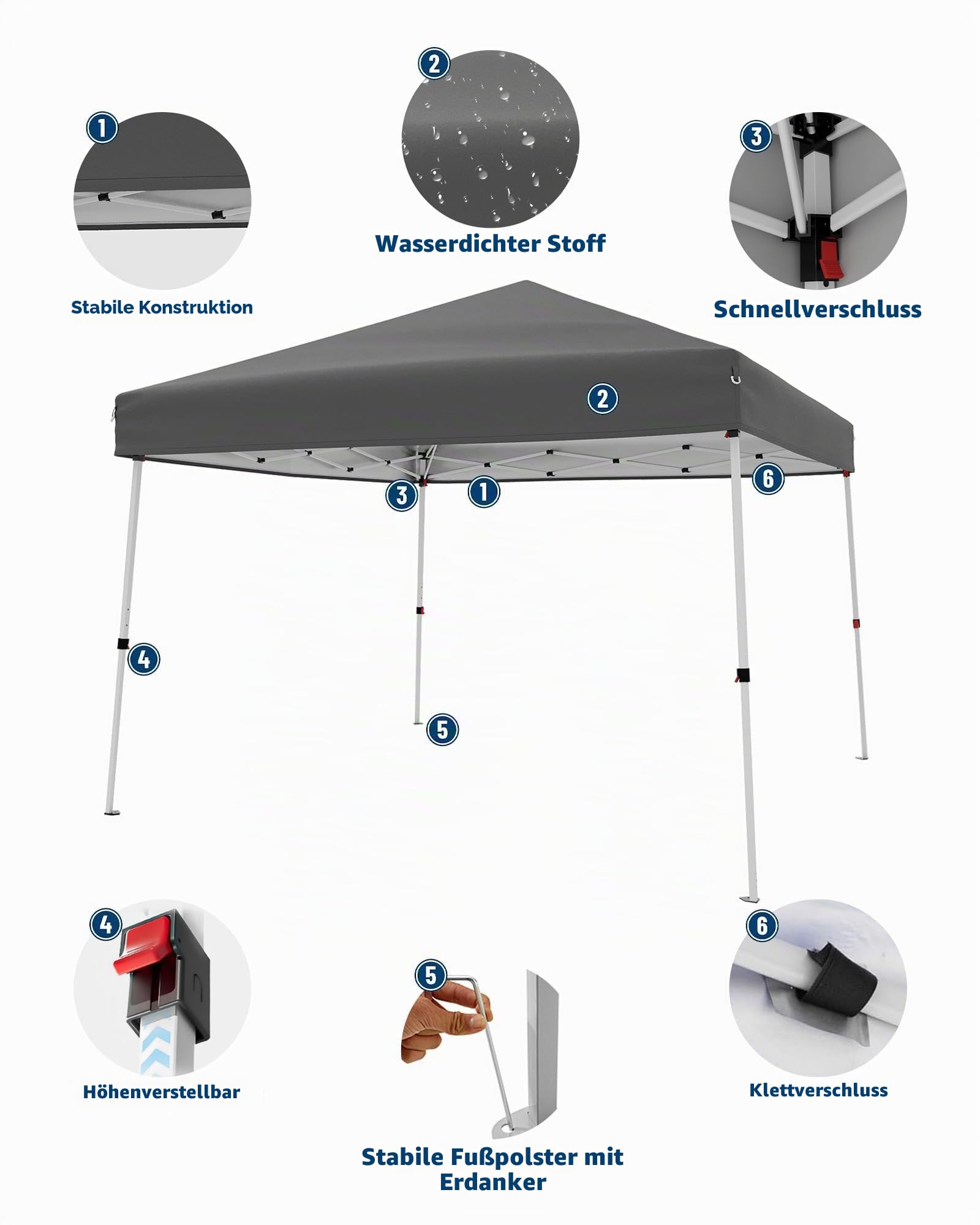 Pop Up Pavillon Mit Überdachung, Faltbares Outdoor Gazebo, Tragbar Faltpavillon Gartenzelt UV-Schutz, Tragetasche, Leichter Regenschutz, Ideal Für Garten, Terrasse, Party, Strand, Grau