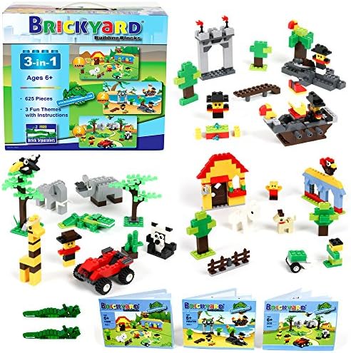 Brickyard Building Blocks 3-in-1 Building Bricks Set, 625 Pieces Compatible Brick Toys - Farm, Pirates, & Zoo Theme with Instructions, 2 Bonus Brick Separators, and Reusable Storage Box (625 pcs)