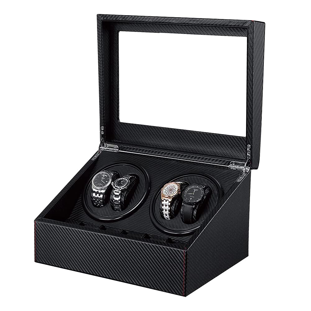 Automatic Watch Winder with 4 Quiet Japanese Motor Watch Winding Box+ 6 Flexible Watch Pillows Luxury Fiber Leather Storage Case (Carbon Fiber Leather)