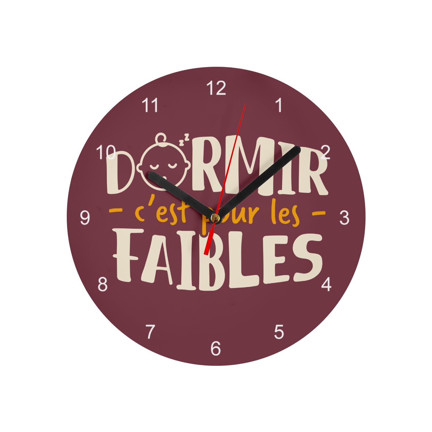 Horloge murale en verre 20 cm rouge Dormir c'est pour les faibles