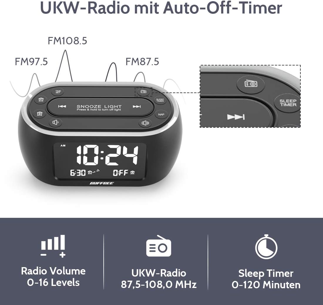 BUFFBEE Glow Alarm Clock showing FM radio frequencies and controls